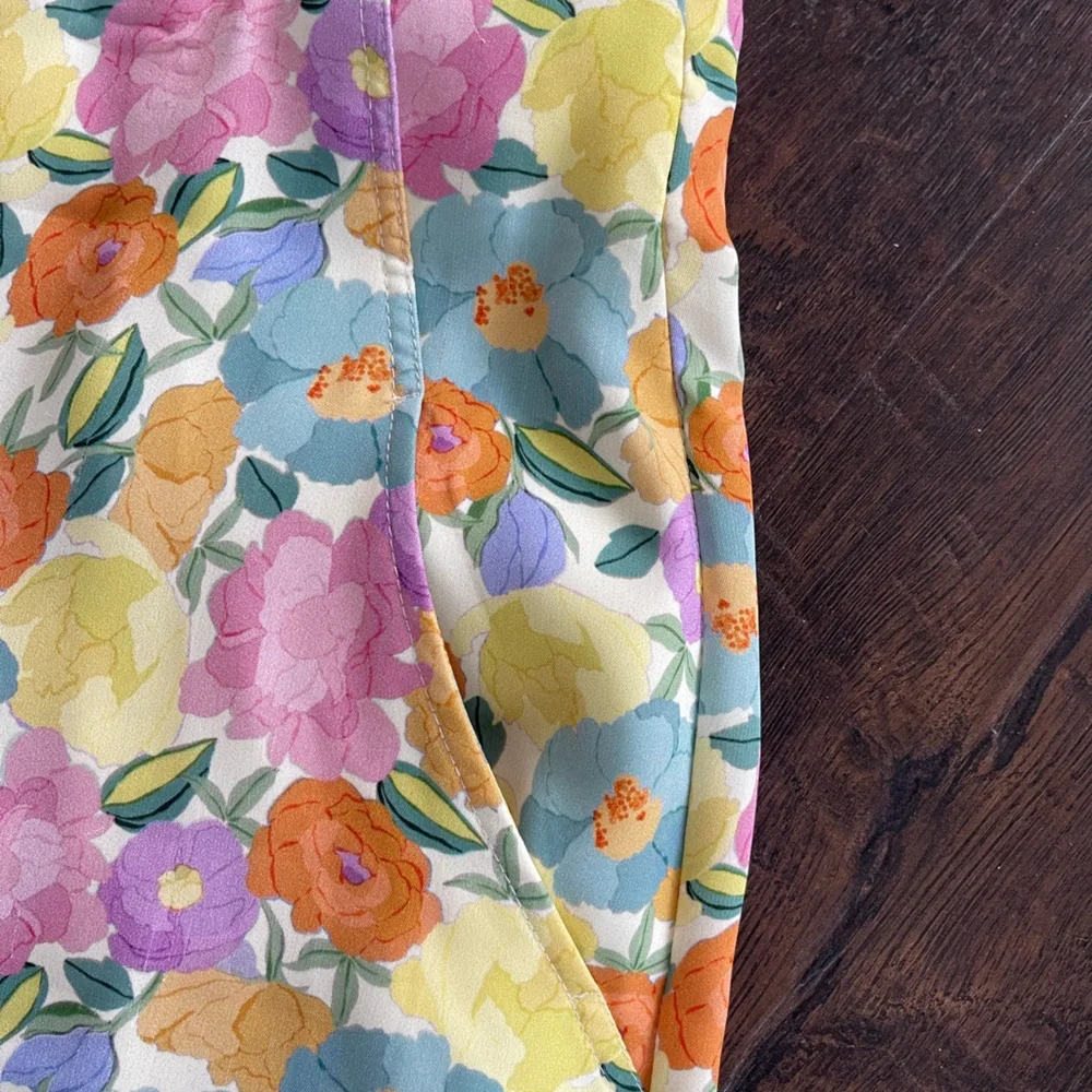 ZARA Floral Print Wide Leg High Waisted Flowy Pants Yellow Blue Green Size XL